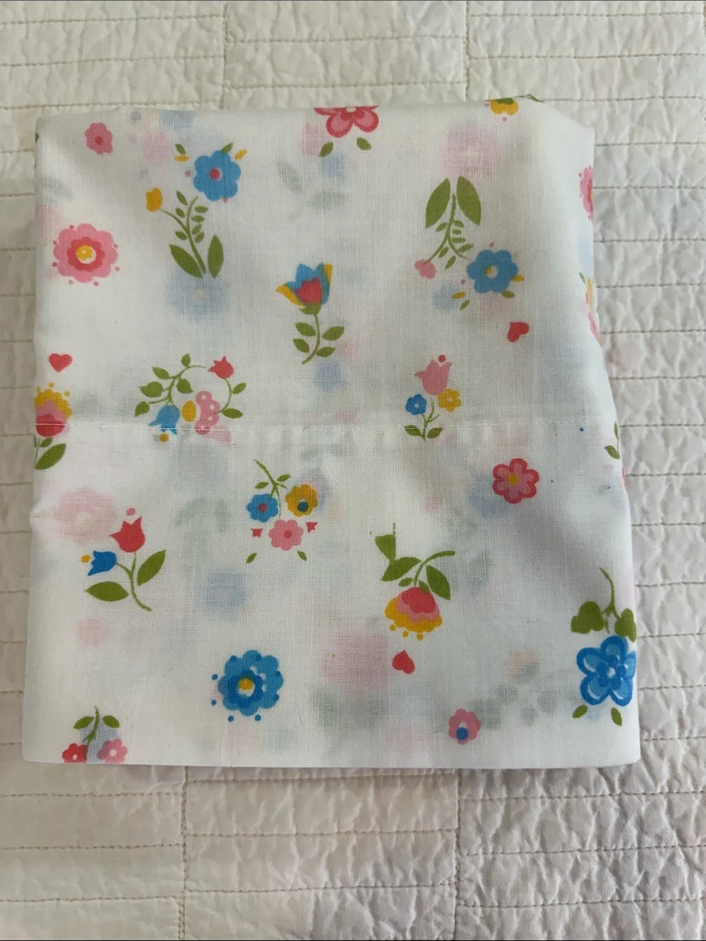 Vintage Floral Cotton Pillowcase White with Pink & Blue Flowers Retro Cottagecor